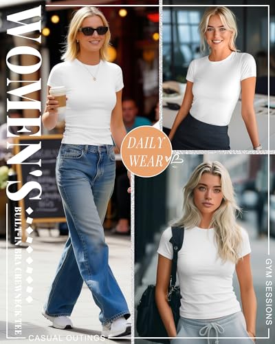 Image of Evervibe Women Built-in Bra Short Sleeve Shirts Crewneck T-Shirt Slim Fit Going Out Tops Casual Summer Basic Tees
