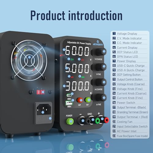 Image of DC Stabilized Power Supply New SPS-6005V (60V /5A) 0-60V 0-5A Voltage Current Variable, Switching Power Supply, 20W USB Type-A & Type-C Rapid Charging, Encoder Knob, Output ON /OFF Switch, High
