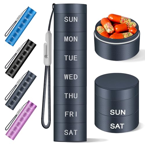 Aluminium Travel Pill Organizer,Weekly Metal Pill Case,Pill Holder, Moisture Proof Waterproof Daily Pill Box 7 Day, Large Pill Container to Hold Vitamins,Medication,Supplements Navy Blue Knurling