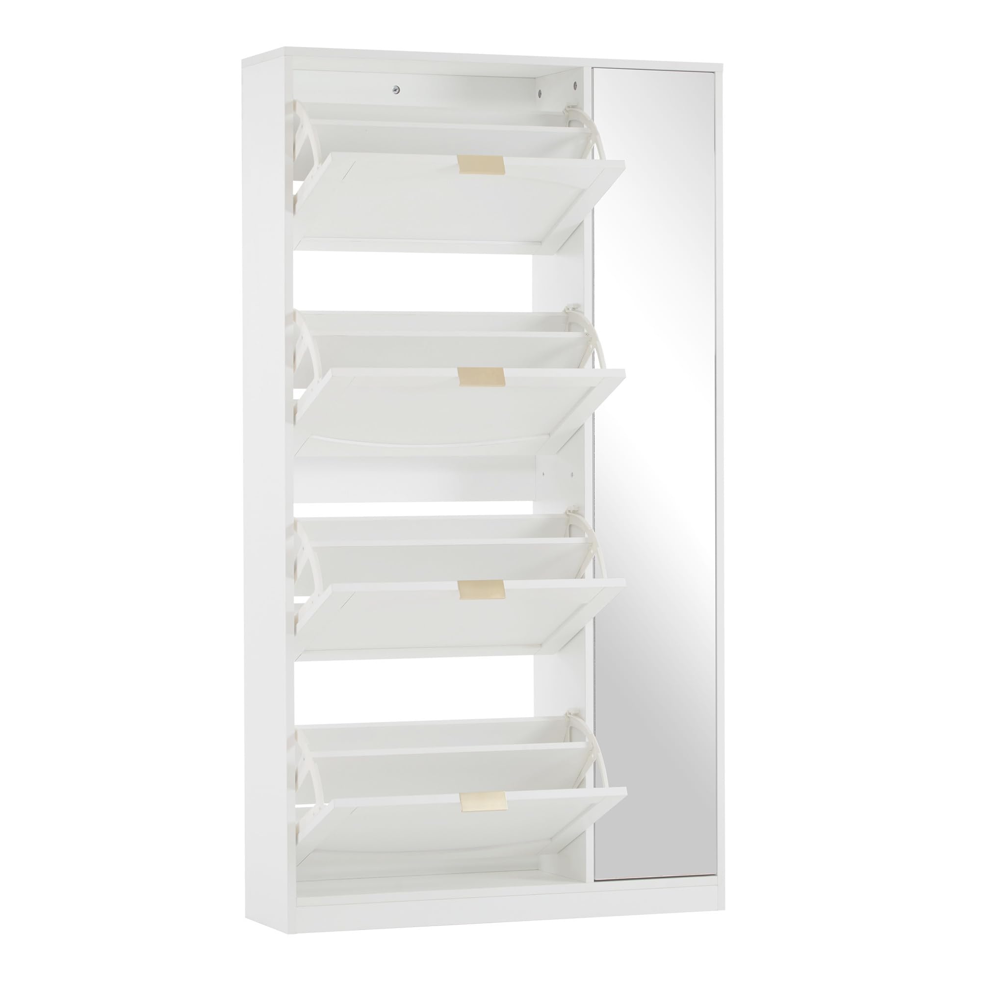 SACOOL Zapatero moderno con espejo, 4 compartimentos de almacenamiento plegables, estante ajustable detrás del espejo derecho, ideal para el pasillo, color blanco, tamaño: 80 x 147 x 24 cm