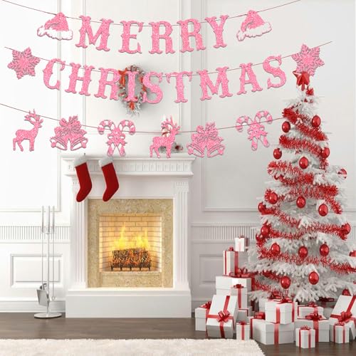Image of Pink Christmas Party Decorations,Merry Christmas Banner Decorations,Xmas Pink Tree Snowflake Banner for Home, Outdoor, Indoor, Winter Holiday Home Birthday Party,Snowflake Winter Birthday