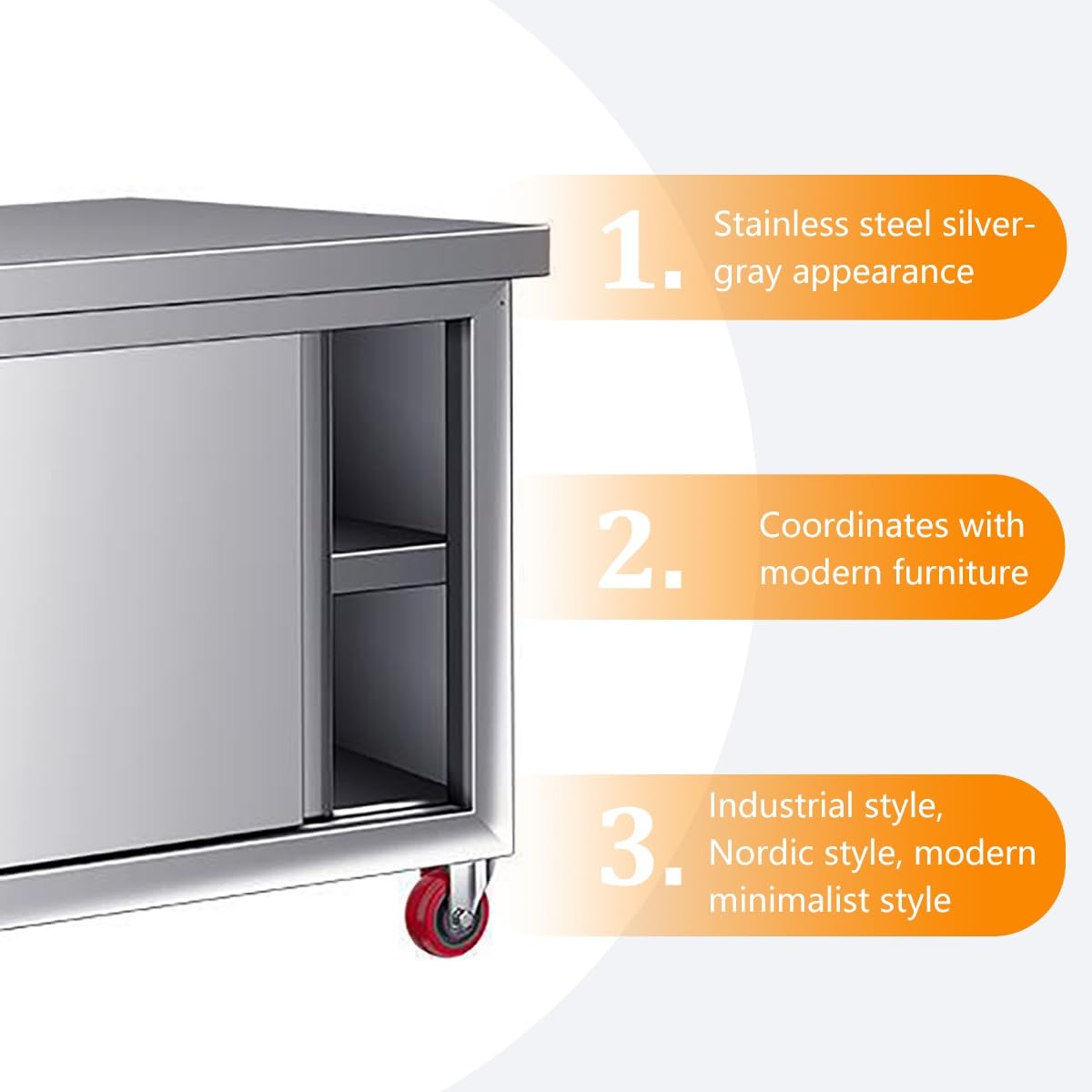 Mesa de trabajo de acero inoxidable, mesa de preparación de cocina comercial resistente con puertas correderas y ruedas, capacidad de carga de 1240 libras para uso en restaurantes y hoteles