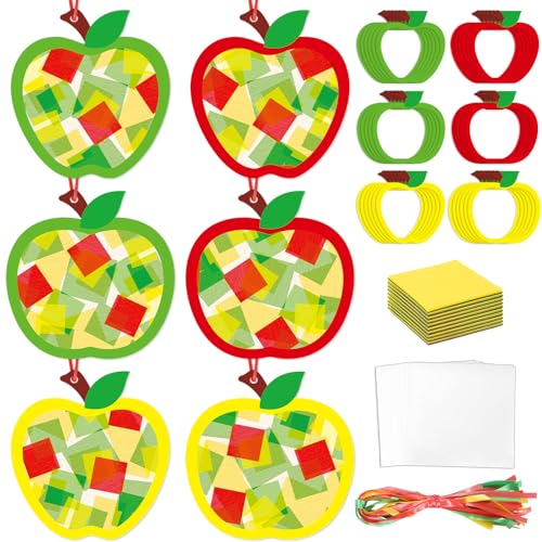Qyeahkj 36 Set Back to School Apple Suncatchers Crafts for Kids DIY Fall Autumn Window Tissue Paper Craft Kit Hanging Decor for School Home Activity Art Project Birthday Party Favor Gift