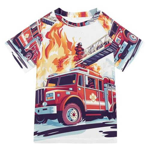 Jucciaco Boys Swing Shirts Fire Engine Ambulance Red Rashguard Short Sleeve Kids T-Shirts Sun UPF 50+