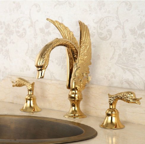 Mélangeur 3 trous plaqué or à double poignée en forme de cygne pour lavabo de salle de bain