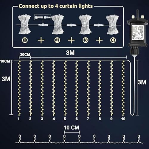 Cozymeow Curtain Lights 3mx3m 300 LED Plug in Curtain Fairy Lights with Timer, 8 Modes Waterproof Connectable Hanging Fairy Light for Christmas Window Wall Bedroom Xmas Indoor Outdoor Decoration - Image 5