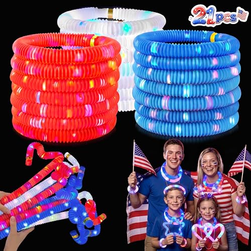 250th Anniversary 21 PCS 4th of July Glow Sticks Pop Tubes Red White and Blue Glow Sticks Fourth of July Accessories for Independence Day Party Parades Night BBQ Camping Patriotic Party Favors