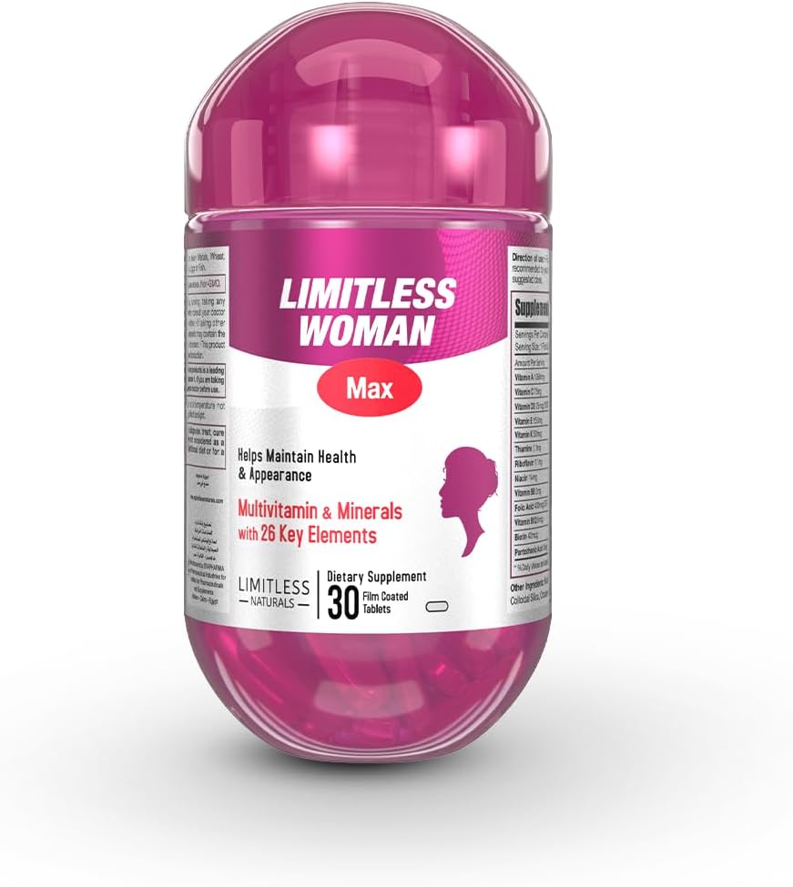 Limitless Woman Max โ Womenโs Multivitamins with 26 Essential Nutrients โ Beauty, Energy & Immune Support โ Includes Biotin, Iron & Vitamin C โ 30 Tablets.