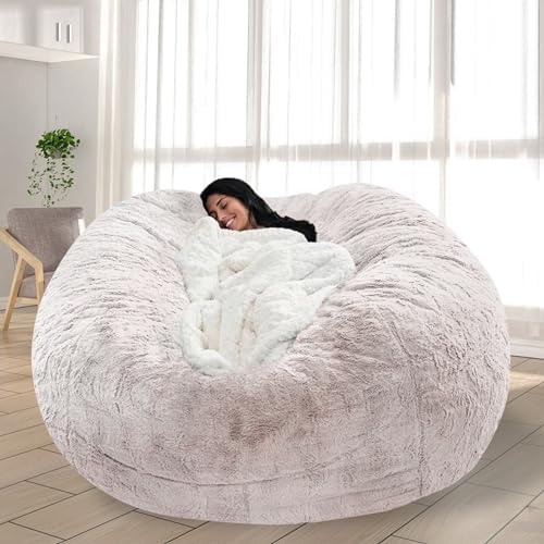 Bean Bag Chair Oversized Adult Plush Bean Bag Chair Cover Fluffy Faux Fur Washable DIY Soft Storage Seat for Reading, Gaming, Lounging, No fillers, Snow Coffee,6FT