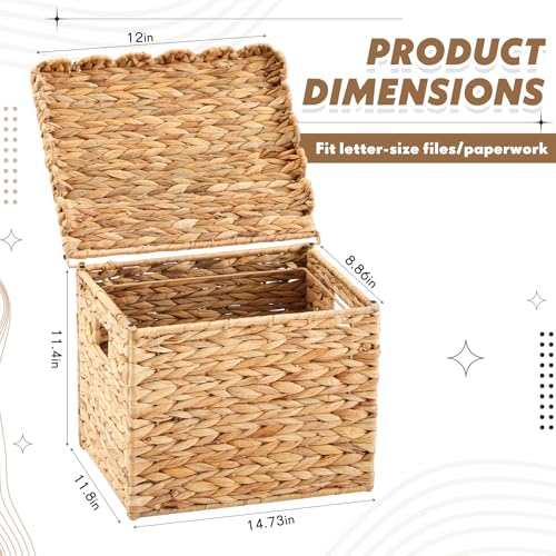 Image of Jingmore File Organizer Box with Scalloped Lid, Water Hyacinth, Brown | Portable Storage Box Collapsible Letter Hanging Filing Organizer Basket for Office /home, Woven Wicker Decorative Document Box