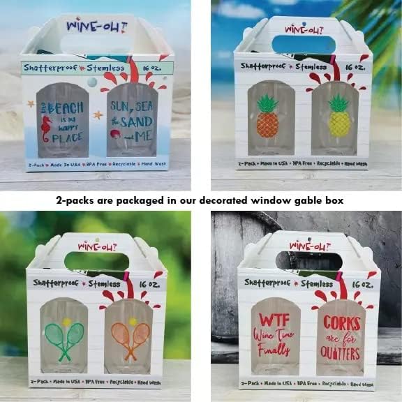 Set of 2 Shatterproof Designer 16 oz. Plastic Wine Glasses MADE in the USA with Gable Box Packaging, Great Gift (MR. AND MRS. CLAUS)