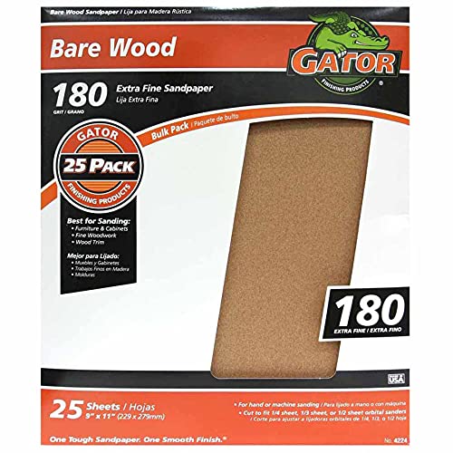 Gator 9" X 11" Bare Wood Sanding Sheets, 180 Grit, 25 Pack #TOP3