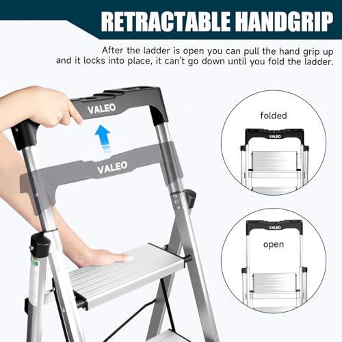 Valeo Aluminium 5 Step Ladder with Retractable Handgrip,Anti-Slip Pedal,330 lbs Capacity,Folding Step Stool for Kitchen, Garage, Home, Space Saving, Sturdy and Portable, Silver - Thumbnail 5