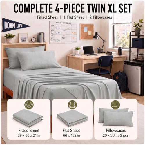 Image of CozyLux 4-Piece Twin XL Sheets, Fits 18-21 Inch Mattresses, Oeko-TEX | 2 Pillowcases, 1 Flat Sheet and 1 Fitted Sheet with All-Around Elastic and 21-Inch Deep Pocket for a Secure Fit, Light Grey