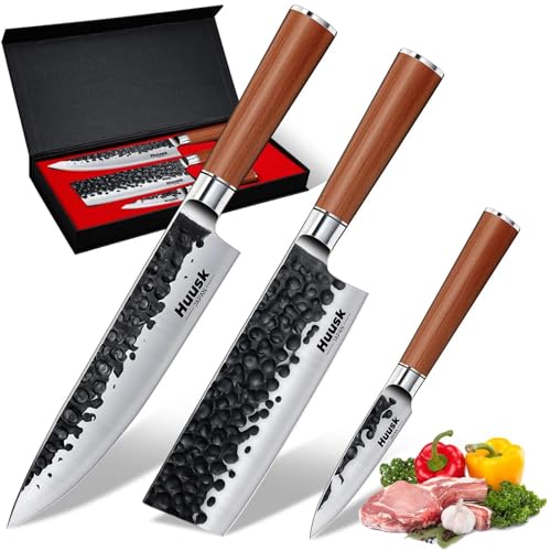 Image of Huusk Japanese Kitchen Knife Set of 3, Professional Chef Knives Set for Kitchen, Sharp Cooking Knife Sets with Nakiri, Gyuto & Paring Knives, High Carbon Steel Sharp Cutting Knifes, Men Women Gifts