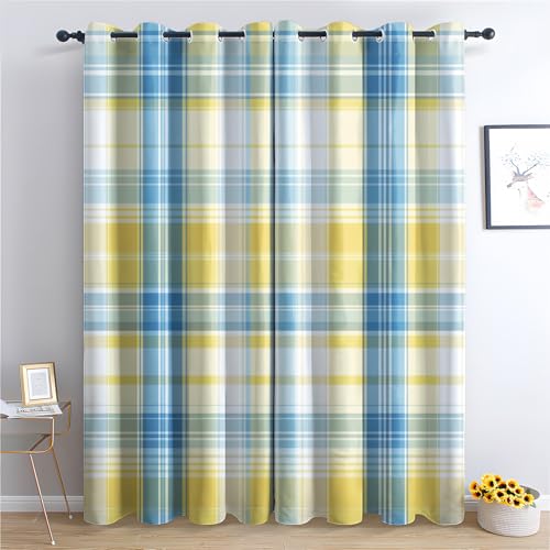 Plaid Checkered Curtains for Bedroom Living Room, Yellow Blue Tartan Patterned Blackout Curtains, Thermal Insulated Eyelet Curtain, 108 Drop Window Treatments Drapes, 90x108 Inch (W x L), 2 Panels