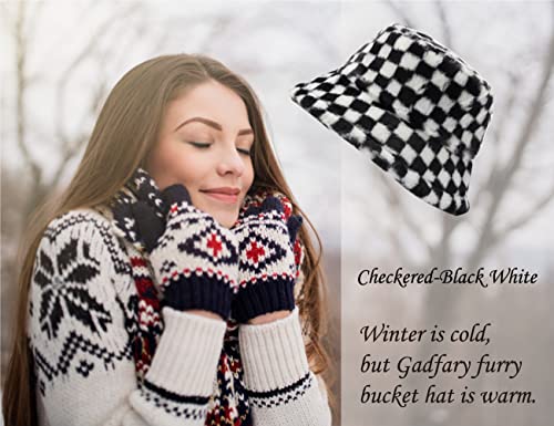 Image of Bucket Hat Women Furry Fuzzy Bucket Hats for Ladies, Winter Warm Fluffy Plush Faux Fur Hat for Women