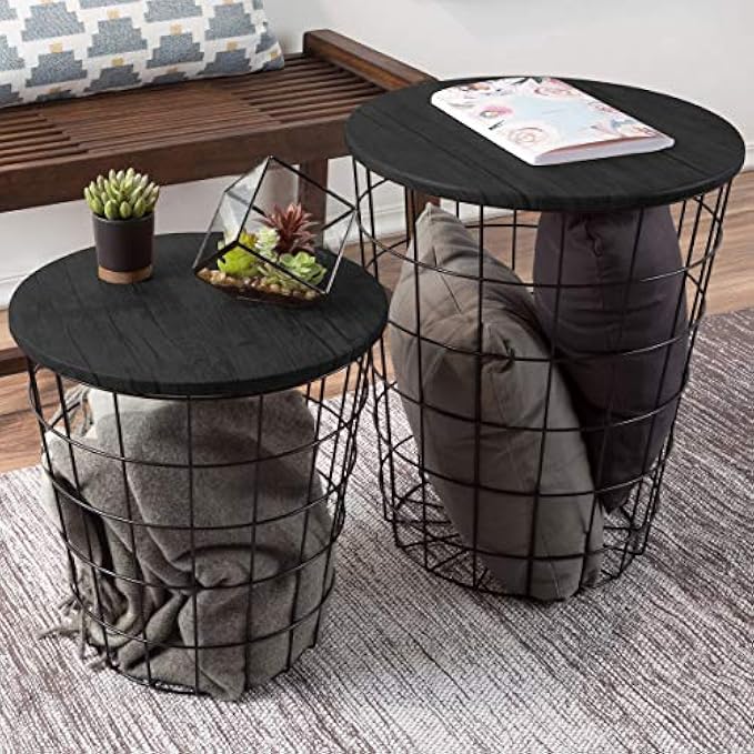 Set of 2 Round Nesting Wire Basket End Tables with Storage for Home, Playroom, and Office by Lavish Home (Black)