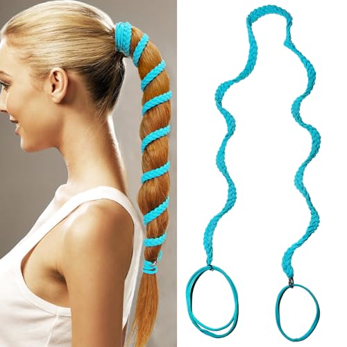 ブルー 伸縮性 スパイラル ヘアタイ 長くて太い髪用 34インチ ソフトポニーテール 編み込みポニーテール ラップ ヘアタイ レディース ガールズ 伸縮ヘアバンド 水泳 ビーチ ワークアウト バイク ジム用 - シングル