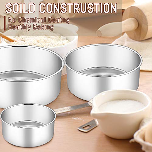 E-Far Cake Pan Set Of 3 (4’’/6’’/8), Deep Stainless Steel Round Cake Pans Tins For Baking Small Layer Wedding Birthday Cake, Non-Toxic & Dishwasher Safe, Mirror Finish & Straight Side #TOP3