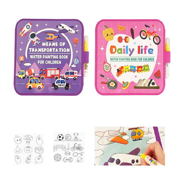 FILOEEX 2Pcs Mess Free Water Painting Book Set with Water Pens, Reusable Water Colouring Books,No Mess Aqua Art Magic Water Drawing Kit, Sensory Educational Travel Painting Gift (2)
