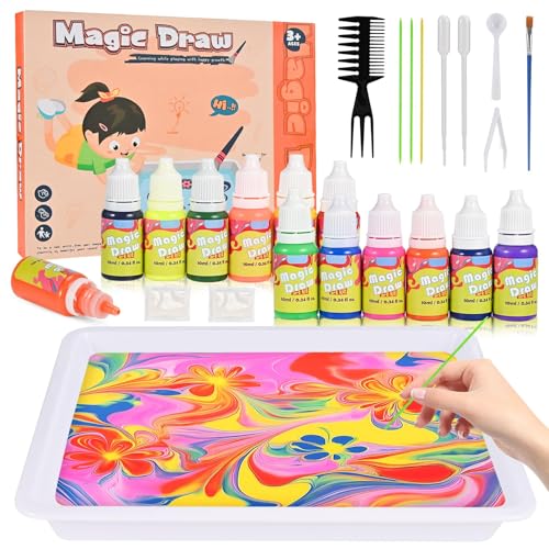 GOLDGE 12-Colour Water Marbling Paint Kit for Kids – Arts and Crafts for Kids with Tray & Tools – Gifts for for Girls & Boys Ages 6-12 Toys for 6 7 8 9 10 11 12 Years Old