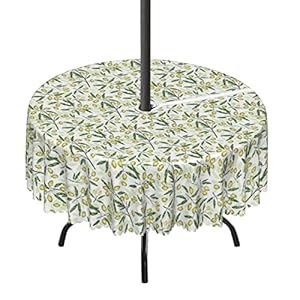 Botany Pattern round outdoor tablecloth,patio table covers,Outdoor/Indoor Waterproof Spillproof Round Tablecloth with Umbrella Hole,for Patio Garden Tabletop Decor(72″ Round,Fern Green Pale Green)