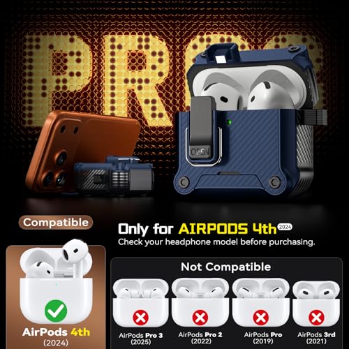 Image of Inesore for AirPods 4 Case with Secure Lock (Dark Blue) | Phone Stand Design,Compatible with MagSafe,Automatic Snap Switch Secure Cover Carbon Fiber Texture with Cleaner Kit