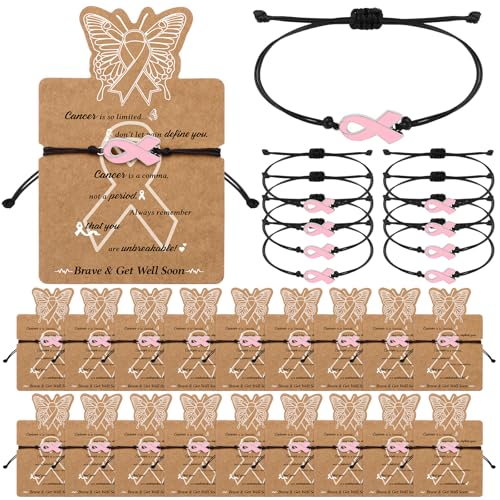 Kklolai 24 Sets Breast Cancer Awareness Gifts Adjustable Bracelets 24 Pink Ribbon Bracelets with 24 Pcs Inspirational Cards Breast Cancer Survivor Gifts for Women Best Friend Sister