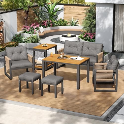 ECLIVON Conjunto de Jardin Exterior para Personas, 7 Piezas, Set Muebles Jardin con Mesa y Sofá, Sofá Sillones con Cojines y Respaldo, Juego de Muebles de Jardín para Terraza Patio, Gris+Natural
