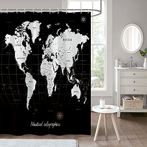 Zokyer World Map Shower Curtain Black And White Detailed Major Cities Nautical Infographics Polyester Waterproof Plastic 12 Hooks (60Wx72L) #TOP26