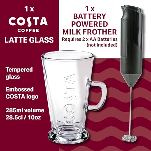 مجموعة هدايا فاخرة للقهوة كوستا من كيم اند ميلر مع كوب قهوة زجاجي لاتيه وصانعة رغوة حليب كهربائية