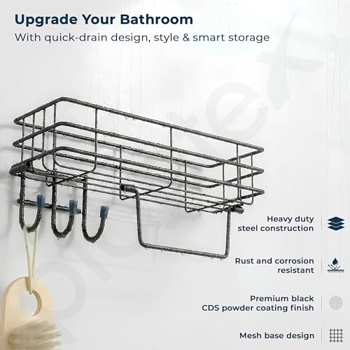 Image of Plantex Self Adhesive Bathroom Shelf /GI Steel Bathroom Shelf with Hook and Napkin Holder /Bathroom Organizer Without Drill /Bathroom Accessories- Pack of 3 (Black)
