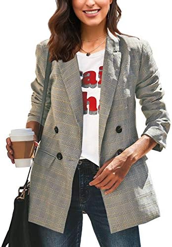 LookbookStore Womens Blazers for Work Professional Long Plaid Blazer Jackets for Women 2023 Checked Blazers Casual Plaid Loose Buttons Work Office Business Blazer Jacket Suit Size L Size 12 14