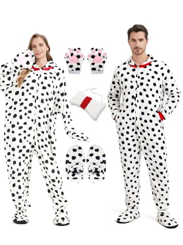 Hislovy Dalmatiner Kostüm Damen Herren, Tier Onesie Erwachsene Schlafanzug-Einteiler für Karneval Halloween Party,Weiß,3XL