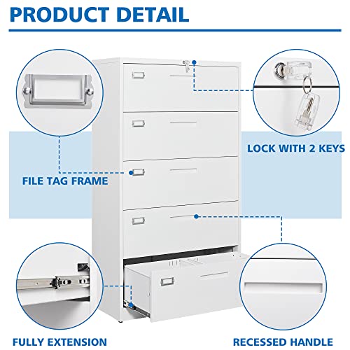 Bynsoe 5 Drawer Lateral File Cabinet Metal Filing Storage Cabinet With Lock Office Home Steel Lateral File Cabinet For A4 Legal/Letter Size Wide File Cabinet Locked,Assembly Required #TOP6