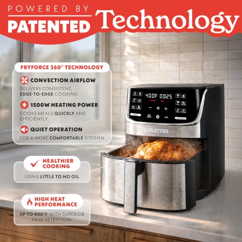Image of Gourmia Air Fryer - 7 Qt Capacity, LED Display, 12 One-Touch Presets, FryForce 360 Technology, Nonstick Dishwasher-Safe Basket & Crisper Tray, Stainless Steel