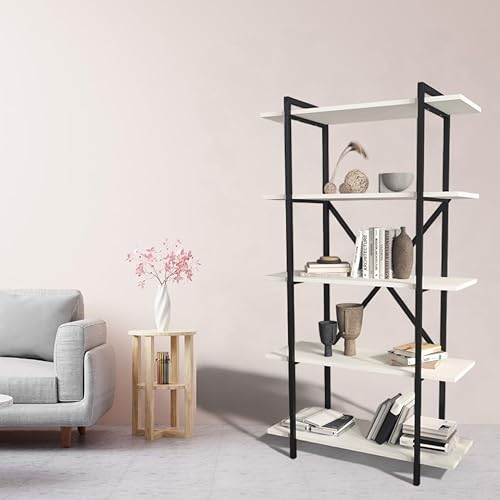 URBNLIVING 5-Tier Wooden Bookshelf with Metal Frame Living Room Storage & Display Unit Durable Stylish Organization Modern Design Home Decor (White)