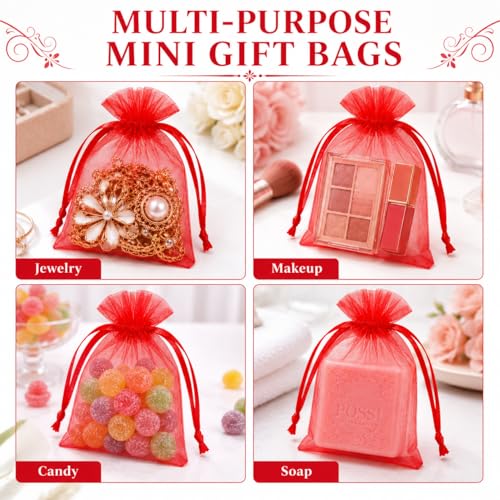 Image of Hopttreely Red Organza Gift Bags 50PCS, 4x4.72 High-Density Mesh Drawstring Favor Pouches for Small Business, Jewelry, Wedding Party Favors, Candy, Goodie Bags & Storage