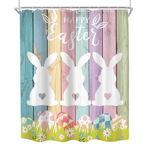 KOMLLEX Happy Easter Shower Curtain for Bathroom Decor 60Wx72H Inches Bunny Rabbit Lovely Colorful Eggs Farmhouse Rustic Wooden Board Plank Flower Spring Fabric Waterproof Polyester 12 Pack Hooks by KOMLLEX - Image 8
