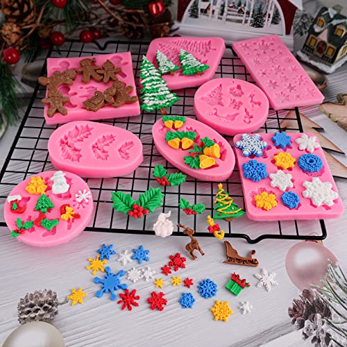Christmas Silicone Molds Mini Xmas Fondant Molds Snowflake Chocolate Candy Soap Cake Molds Christmas Tree Reindeer Holly Leaves Baking Silicone Molds For Xmas New Year Party Cake Cupcake Decor 8Pcs #TOP2