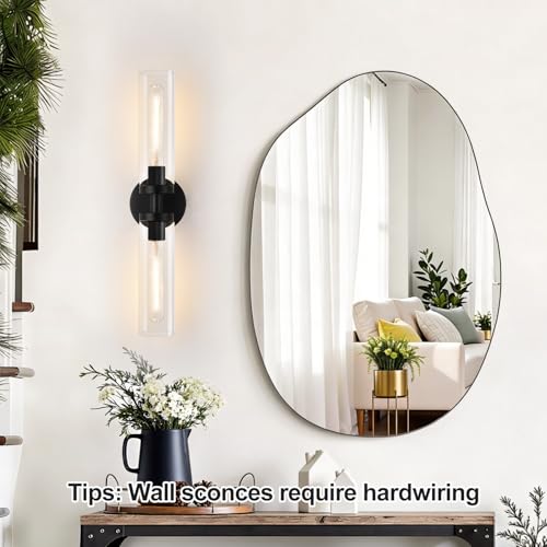 Image of Indoi Matte Black Wall Sconces, Hardwired Bathroom Sconces Wall Lighting with Clear Glass, Modern Sconces Wall Light fixtures for Bathroom Mirror Living Room Hallway Bedroom