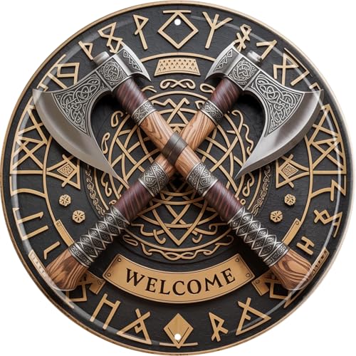CSWLJS Vintage Round Metal Axe WELCOME Sign 8x8Wall Decor for Home Porch Garage Man Cave Viking Lodge Durable Indoor/Outdoor Gift