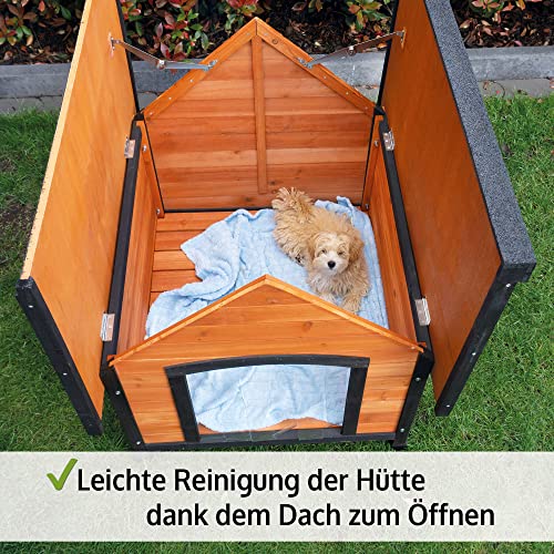 zooprinz Premium Hundehütte Luna - aus wetterfestem Vollholz, Dach zum Öffnen und Lamellentür - ideal für draußen - mit natürlichen Farbe gestrichen - 2 Größen zur Wahl -Hundehaus Hundehütte (L)