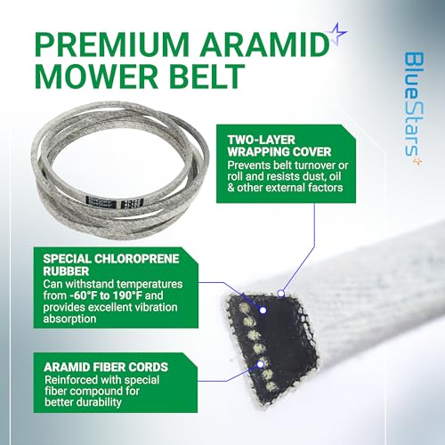 Image of BlueStars 592951801 Deck Belt | Heavy-Duty Aramid Cord Belt | 1 /2 inch x 152'' | Deck Belt for 54-inch Deck Husqvarna Z254F Zero-Turn Mowers RedMax RZT54 Zero Turn 54 inch Deck Mowers - Replaces 582236401
