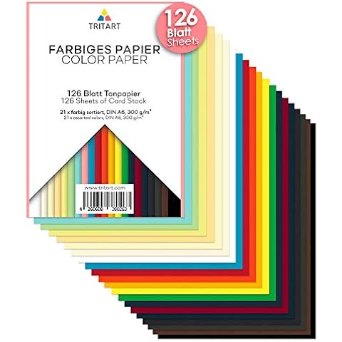 Tritart Coloured Paper Art Card A6-300g 126 Sheets Solid Multicoloured Card Fully Dyed, Perfect Coloured Card for Crafting & DIY Including 21 Colours Cover
