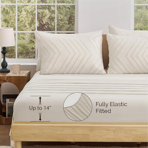 Image of Andency Beige Queen Comforter Set, Bed in a Bag - 7 Pieces Boho Tufted Cream Bedding Set with 1 Comforter, 1 Flat Sheet, 1 Fitted Sheet, 2 Pillow Shams, 2 Pillowcases