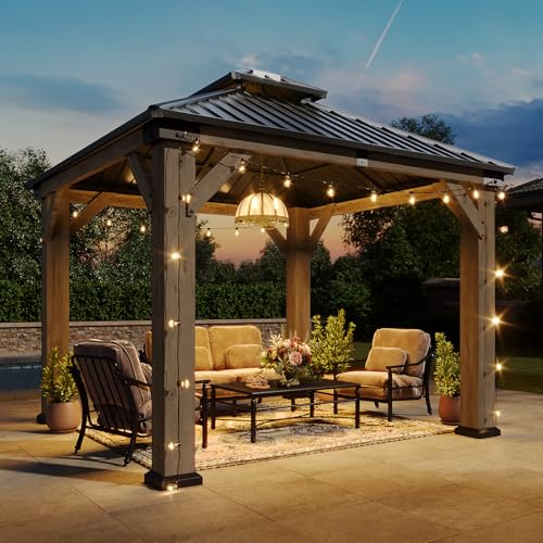 Image of Aoxun 10' x 10' Outdoor Wood Gazebo, Hardtop Gazebo Permanent Wooden Pavilion with Galvanized Steel Double Roof, for Patio, Garden, Deck, Cedar Wood, Grey