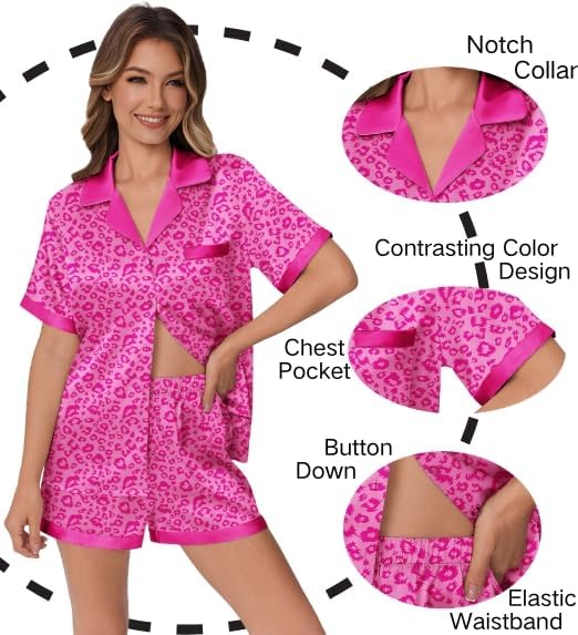Ekouaer Womens Silk Satin Pajamas Set Animals Print Pjs Button Down Short Sleeve Lounge Set 2 Piece Sleepwear - Image 4