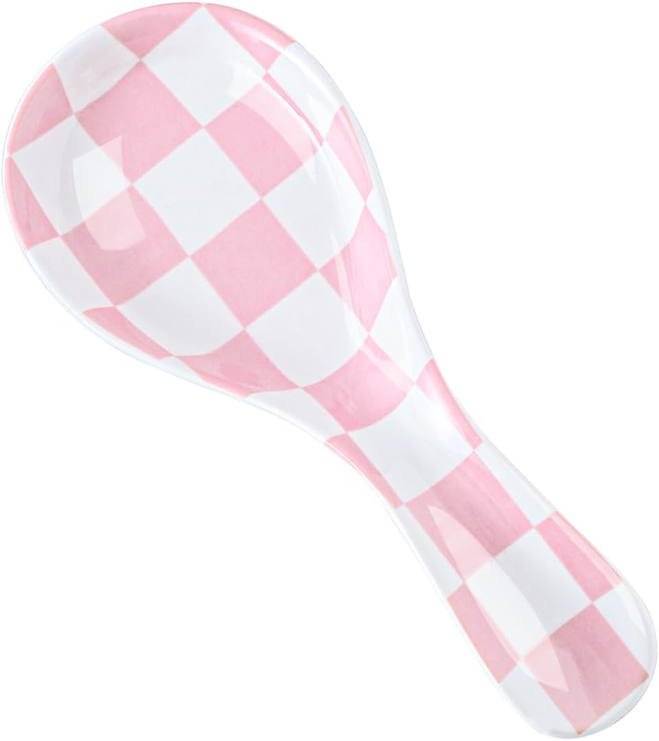 Ceramic Spoon Rest for Stove Top, Checkered Spoon Holder Utensil Rest, Cute Spoon Rests for Coffee Bar Kitchen Decor Cooking Gift for Housewarming (Pink)